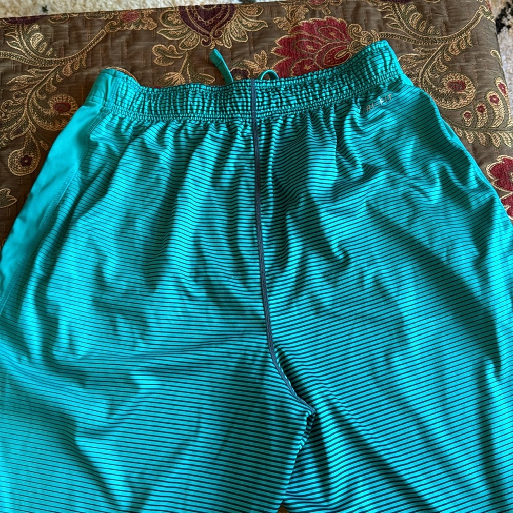 Men's Nike dri-fit shorts. Size large with drawstring. Green with navy stripes - Picture 2 of 3